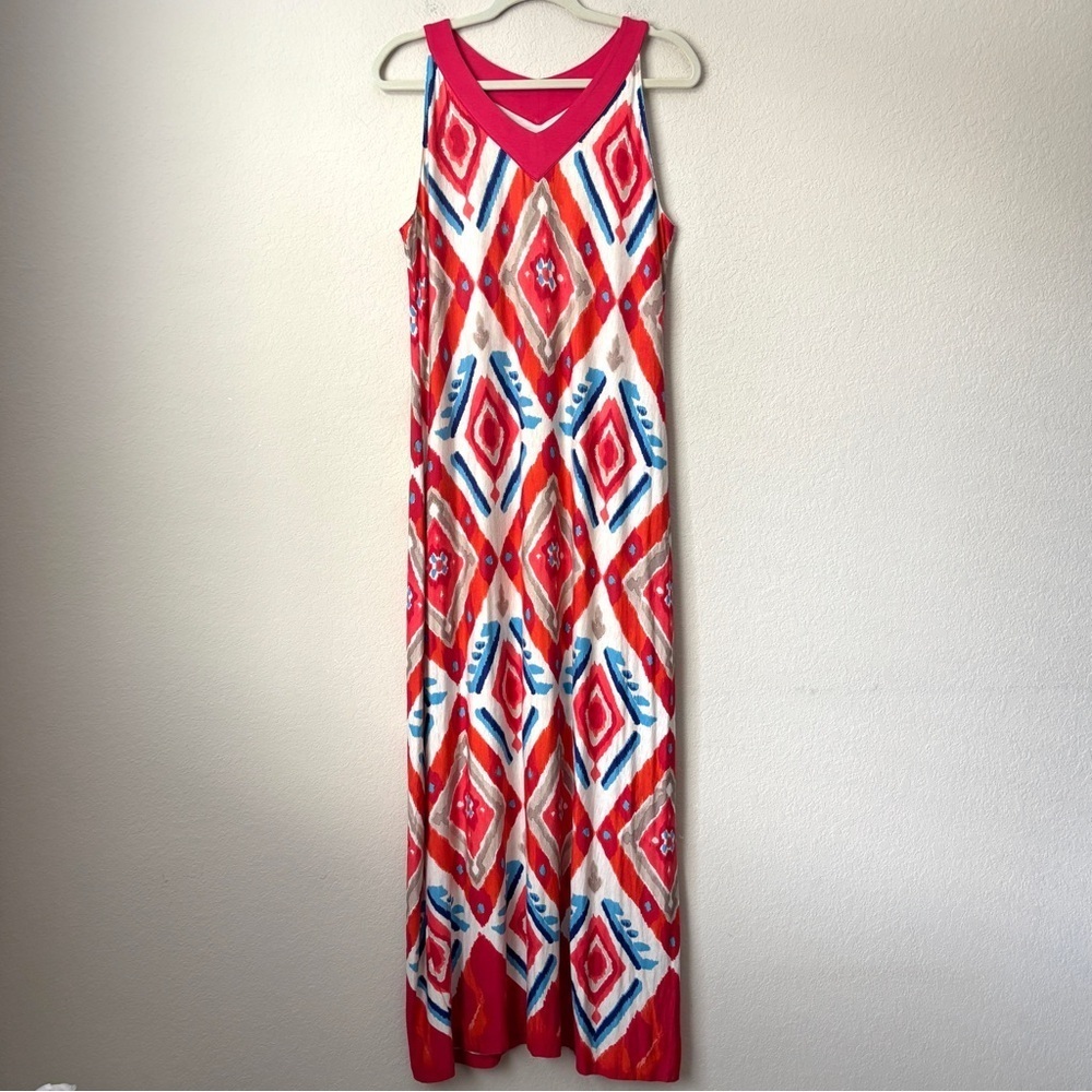 Chico's NEW Ikat Maxi Dress Multicolor Sleeveless V-Neckline Soft Stretchy Knit